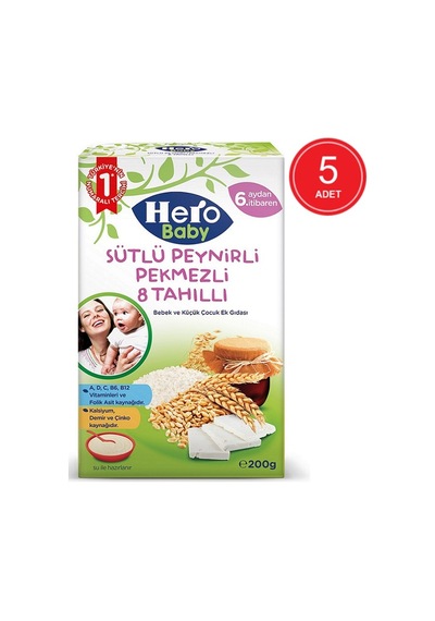 Hero Baby Sütlü 8 Tahıllı Peynirli Pekmezli 6+ Ay Kaşık Maması 5 x 200 G