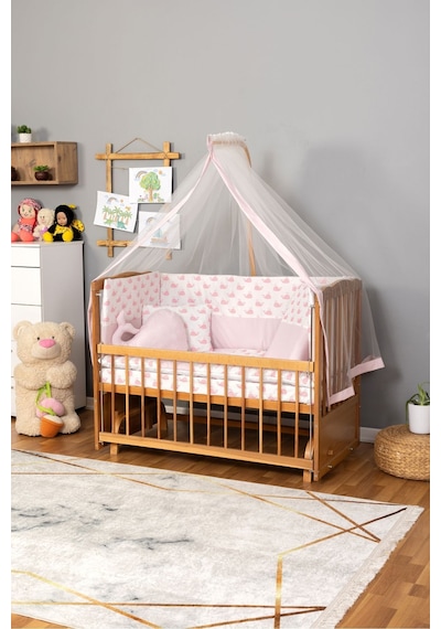 Ahşap Beşik Anne Yanı Beşik Doğal Vernikli 60x120 - Pembe Balina Uyku Seti Yatak Ahşap