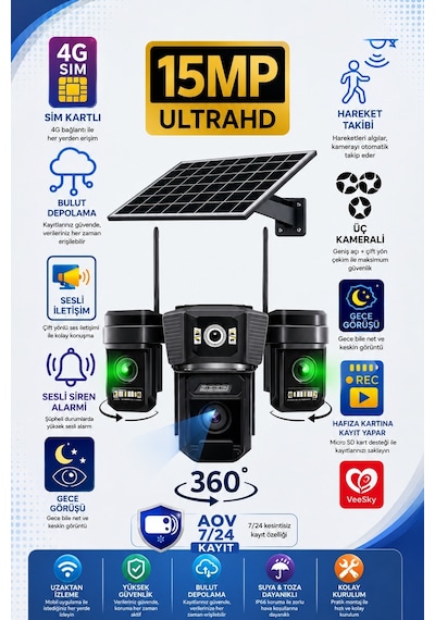 4g Solarpanelli 3 Kameralı Güvenlik Kamerası