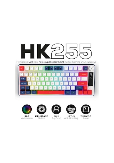 Hawk Gaming Hk255 Membrane Lcd Rgb Kablosuz/bluetooth%75 Türkçe Gaming Klavye Mavi Kırmızı