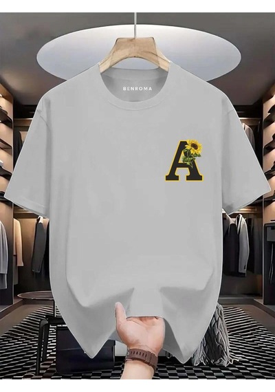 Çiçekli A Baskılı Oversize Tişört Gri
