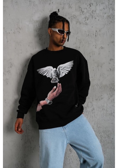 Erkek Güvercin Baskılı 3 İplik Bisiklet Yaka İpamuklu Sweatshirt - Siyah