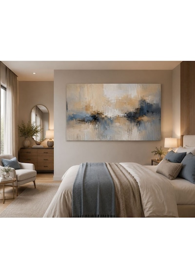 Soft Harmony Soyut Kanvas Tablo Bej, Krem Ve Mavi Tonlu Fırça Dokulu Modern Duvar Dekoru Minimalist Salon, Yatak Odası Ve Ofis Tablosu