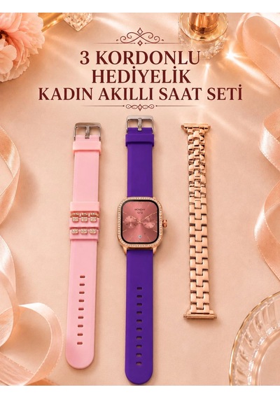 3 Kordonlu Rose Gold Kasalı Kadın Akıllı Saat Seti