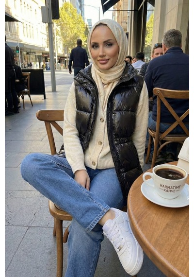 Hb Harma Time Butik Kadın Fermuarlı Cepli Parlak Şişme Siyah Yelek