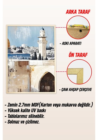 Kudüs Manzaralı 3 Lü Tablo Seti Doğal Çam Ahşap Çerçeveli Crv1239 42 X 62