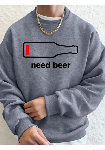 Startmore Tarzsokak Bira İstiyorum Komik Baskılı Erkek Sweatshirtleri Kışlık Yuvarlak Yaka Kapüşonlu Üstler Sokak Gri