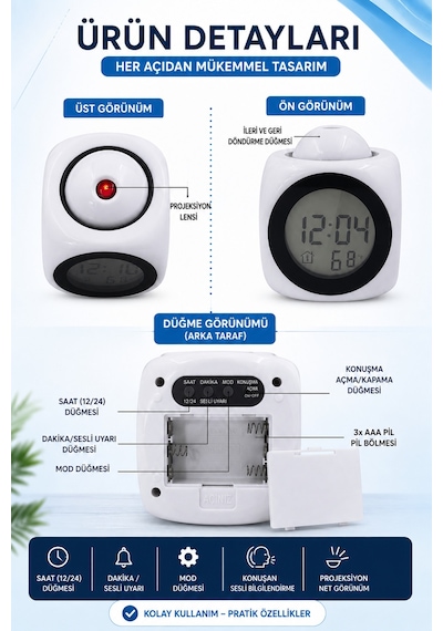 Duvara Yansıtan Projeksiyonlu Dijital Çalar Saat Konuşan Termometreli Led Alarm Masa Saati Beyaz