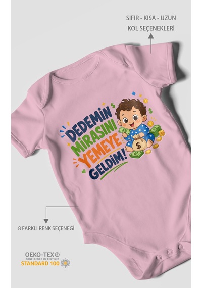 Morivokids Dedemin Mirasını Yemeye Geldim Kısa Kollu Bebek Body %100 Pamuk Koyu Pembe