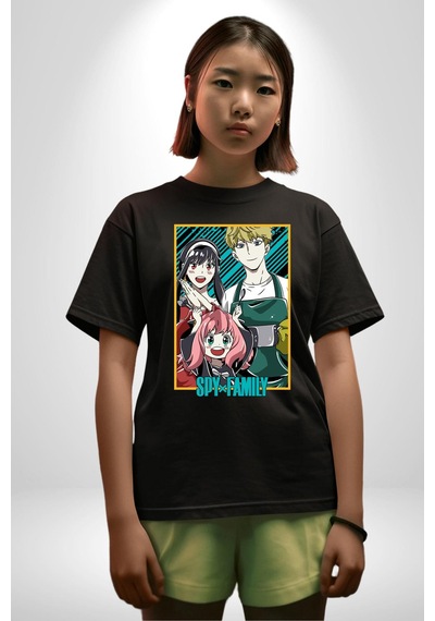 Spy X Family Anime Özel Tasarım Pamuklu Bisiklet Yaka Unisex Oversize Boyfriend Dijital Baskılı Siyah T-shirt Siyah