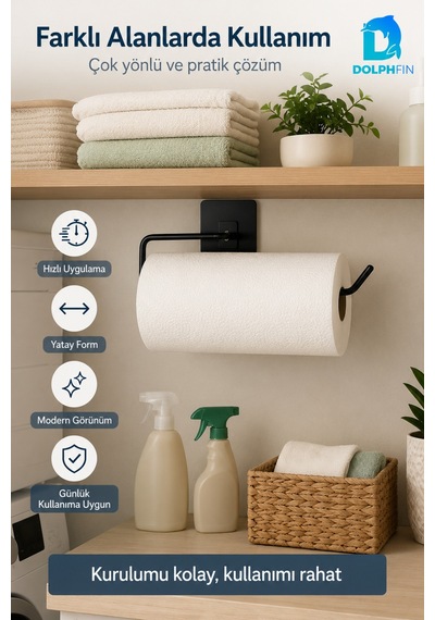 Yapışkanlı Rulo Kağıt Havluluk Mat Siyah Delmeden Montajlı Mutfak Banyo Havlu Askısı
