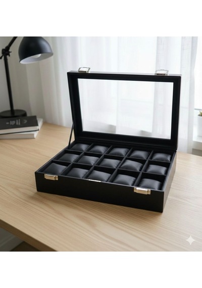 Premium 15 Yuvalı Tamamen Deri Kaplama Cam Kapaklı Şık Tasarım Saat Saklama Kutusu Ebat 34x24x8 Cm Siyah