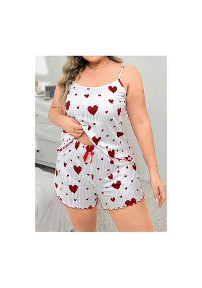 Lily Bianca Nightwear Çilek Desenli Askılı Ve Şortlu Büyük Beden Penye Gecelik Beyaz
