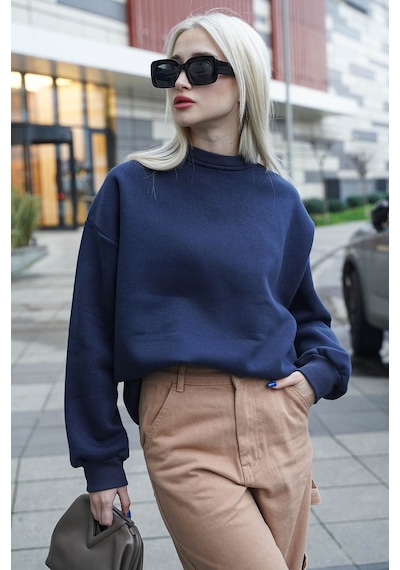 Madmext Lacivert Bisiklet Yaka Basic Sweatshirt Mg1559 Lacivert
