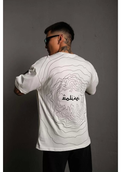Erkek Bisiklet Yakalı Sırt Baskılı Oversize T-shirt - Beyaz