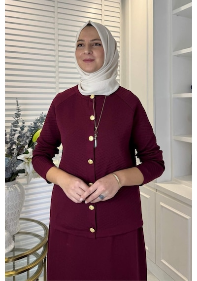 Rabia Şamlı Melis Çelik Örme Triko Takım Bordo Çok Renkli