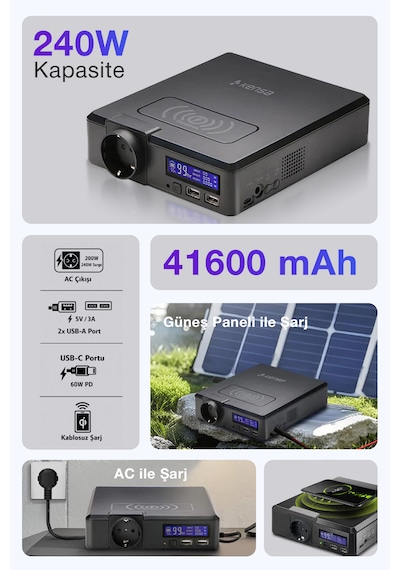 240w Taşınabilir Güç İstasyonu 41600 Mah Kablosuz Şarjlı Solar Destekli Hızlı Şarj 154wh Kapasiteli