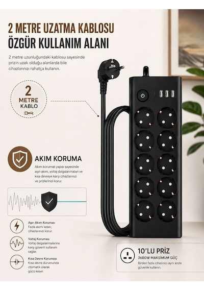 10'lu Priz, 3 Usb, 3.4 Amper, 1 Type-c Girişli 16a Akım Korumalı Uzatma Kablolu Priz Çoklayıcı 1 - 3 M