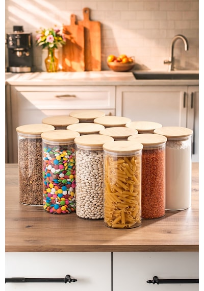 Porsima 3-4 Bambu Vakumlu Kapaklı Yuvarlak Cam 12li Kavanoz Seti Saklama Kabı 1650ml 10x25cm