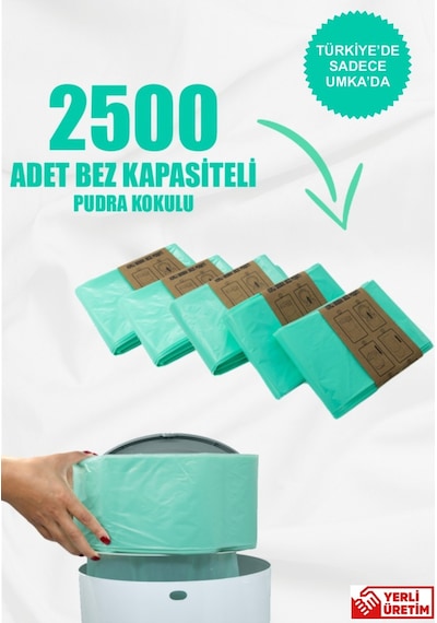 Korbell 16 L Kirli Bebek Bezi Kovaları ile Uyumlu 2500 Adet Pudra Kokulu Bebek Bezi Kapasiteli Yerli 5 Paket Çöp