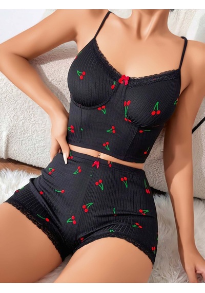 Jhena Kadın Kaliteli Penye Pijama, Kadın Seksi Ev Giyim, Kadın Şort Atlet Gecelik Siyah - Kırmızı