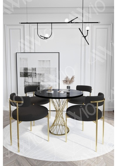Avvio Pienna Mat Gold Teddy Sandalye 90x90 Yuvarlak Yemek Masası Mutfak Masası Masa Sandalye Takımı Siyah Mermer