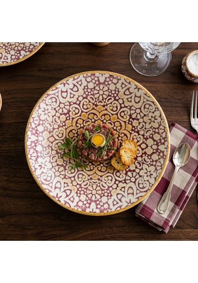 Alhambra Burgundy Gourmet 21cm 12 Adet Porselen Düz Tabak Bordo