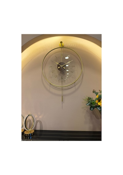 Metaquartz Aksesuar Masif - Luxry Şefaf Tamperli Kırılmaz Cam - 50 Çap - Quartz Mekanizma - Metal Duvar Saati Gold