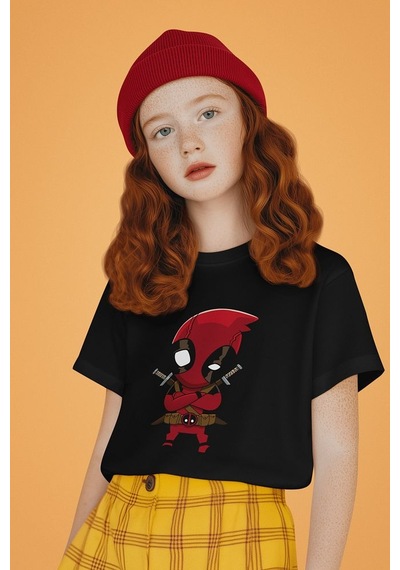 Sevbano Deadpool Baskılı Unisex Çizgi Film Çocuk Tişört 1-12 Yaş SIYAH