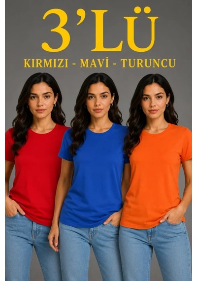 Hazego 3 Lü Kısa Kollu Bisiklet Yaka Basic Slim Fit T-shirt - Kırmızı - Mavi - Turuncu Çok Renkli