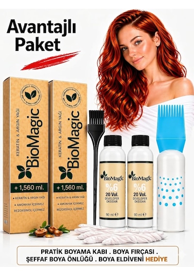 Biomagic Organik Amonyaksız Saç Boyası Yoğun Kızıl-4.58 Ve Oksidan 2adet+fırça