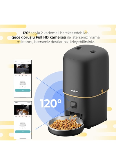 Haustier Pf05 Siyah Kameralı 1080p Fhd Gece Görüş Akıllı Otomatik Kedi Mama Kabı, Tuya App-wifi Uzaktan Kontrol, Sesle Çağırma, 2.4ghz-5ghz, 4lt Hazne, Metal Kase