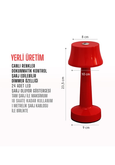 Zenlight Metal Dokunmatik Şarjlı Masa Lambası 320-1 Kırmızı