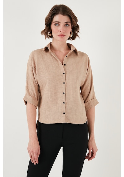 Lela Oversize Fit Önü Kısa Arkası Uzun Truvakar Kol Bayan Gömlek 5866116 Bej