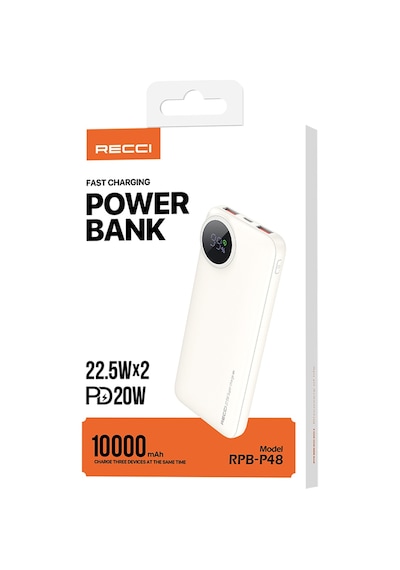 Recci RPB-P48 22.5 W 10000 mAh PD 20 W Dijital Led Göstergeli Hızlı Şarj Powerbank Krem