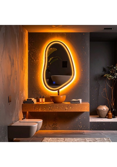 Vornel Amber Led'li Lazer Kumlamalı Lavabo & Banyo Aynası Dokunmatik Sensörlü 80 X 50 Cm Turuncu