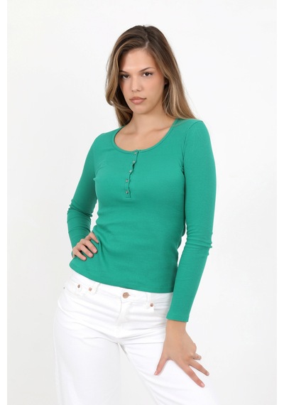 Hdm Kadın Yeşil Uzun Kollu Fitilli Patlı Düğmeli Basic Örme Bluz - H6162 YEŞİL