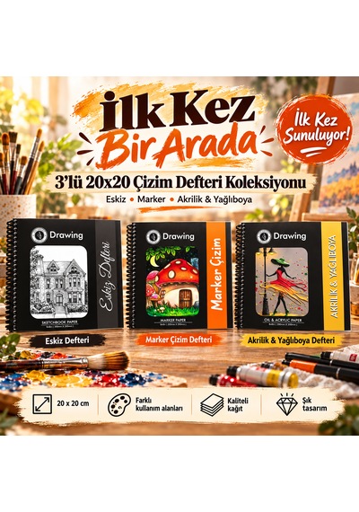 Dreamart Galery 3 Lü Sanat Defteri Seti 20x20 Cm Eskiz + Marker + Akrilik & Yağlıboya