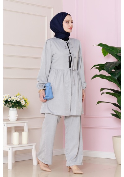 Sevitli Önü Bağlamalı Pantolonlu Takım-gri-4769