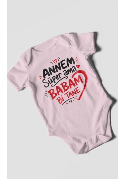 Morivokids Annem Süper Ama Babam Bi Tane Kısa Kollu Bebek Body %100 Pamuk Bebe Pembe