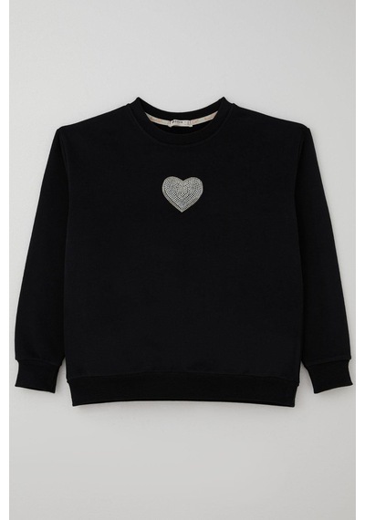 Breeze Kız Çocuk Sweatshirt Işıltılı Kalp Masalı İnci İşlemeli 9-14 Yaş, Siyah Siyah