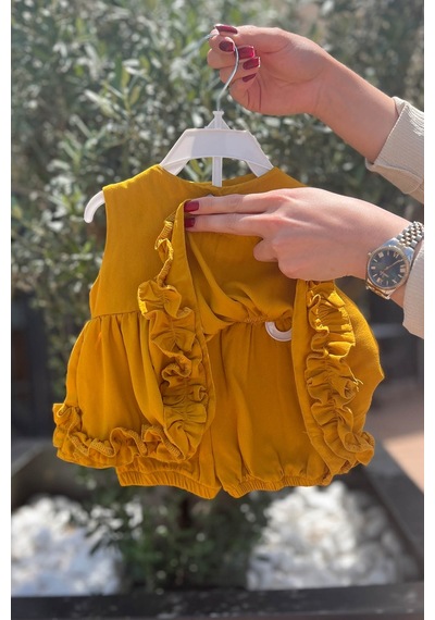 Bertuğ Bebek Hardal Alt Üst Kız Çocuk Bebek Pamuklu Şort Bluz Takım 001