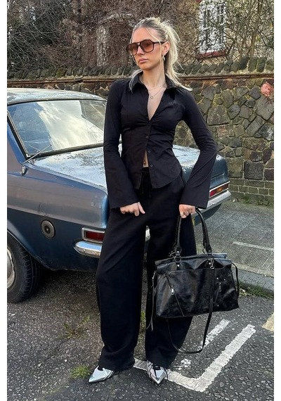 Seeh Siyah/beyaz Uzun Kollu Vücuda Oturan Gömlek Sh356 Basic