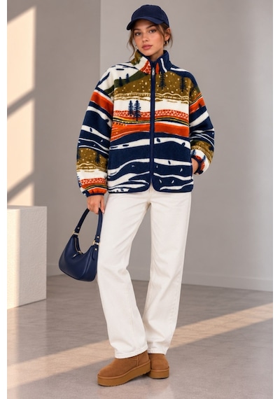 Vadon 1061 Kadın İskandinav Etnik Desenli Yandan Cepli Fermuarlı Polar Sweatshirt Lacivert