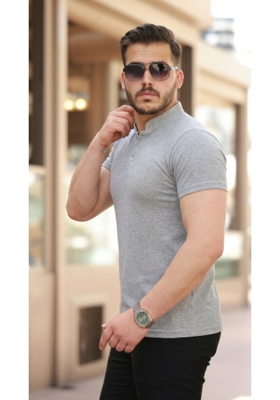 Efnaz Style Erkek Hakim Yaka Dokuma Pamuklu Kumaş Kısa Kollu T-shirt Gri