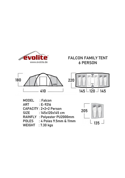 Evolite Falcon 6 Kişilik Odalı Aile Çadırı Renkli