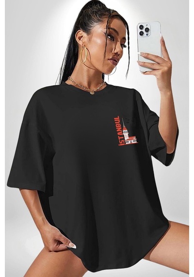 İstanbul Kız Kulesi Türkiye Siyah Oversize Unisex Ön Sol Yan Minimal Baskılı Tişört Koyu Siyah