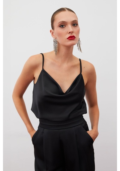 Sateen Degaje Yaka Saten Bluz - Siyah
