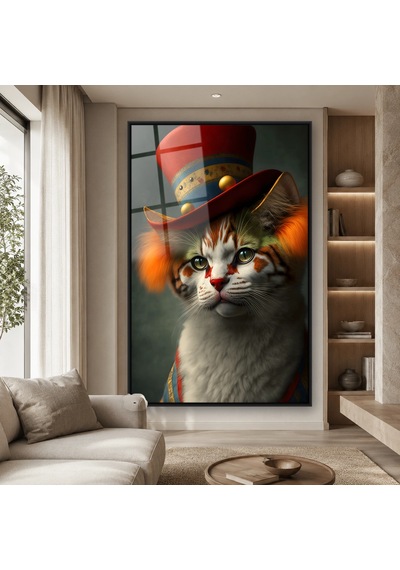 Şapkalı Kedi Portresi Siyah Çerçeveli Cam Tablo