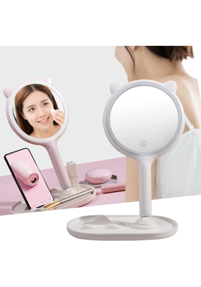 Jasmine Glow Kedi Kulaklı Telefon Standlı Yuvarlak Dokunmatik Led Ayarlı Masa Üstü Makyaj Aynası